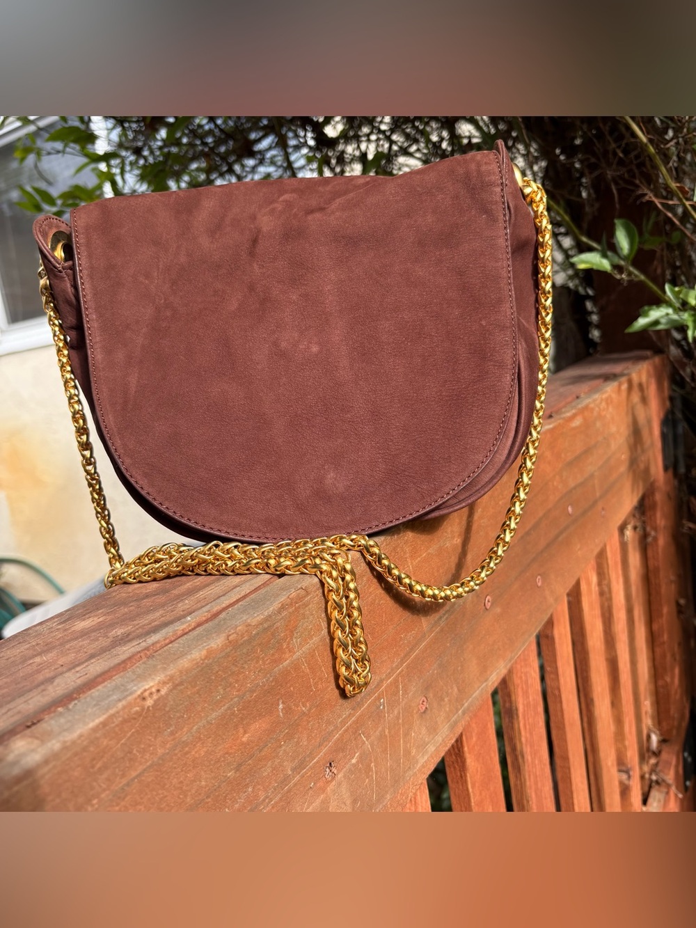 Vintage De Vecchi Italy Suede Crossbody Bag Brown Gold Chain Saddle Bag Luxe